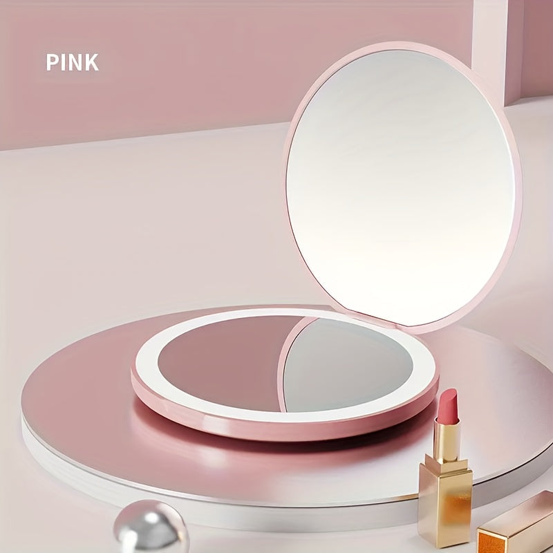 1pc Foldable LED Vanity Mirror, Handheld Double-sided Travel Portable Lighted Pocket Mirror, 2x Magnification, Compact Mirror With Light, Round Mini Makeup Touch-up Mirror For Purse Handbag, Travel Essentials