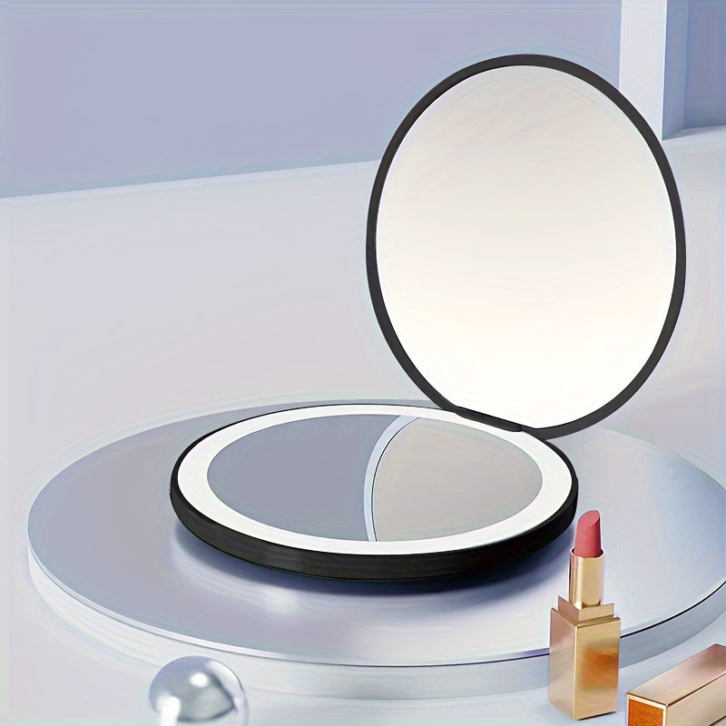 1pc Foldable LED Vanity Mirror, Handheld Double-sided Travel Portable Lighted Pocket Mirror, 2x Magnification, Compact Mirror With Light, Round Mini Makeup Touch-up Mirror For Purse Handbag, Travel Essentials