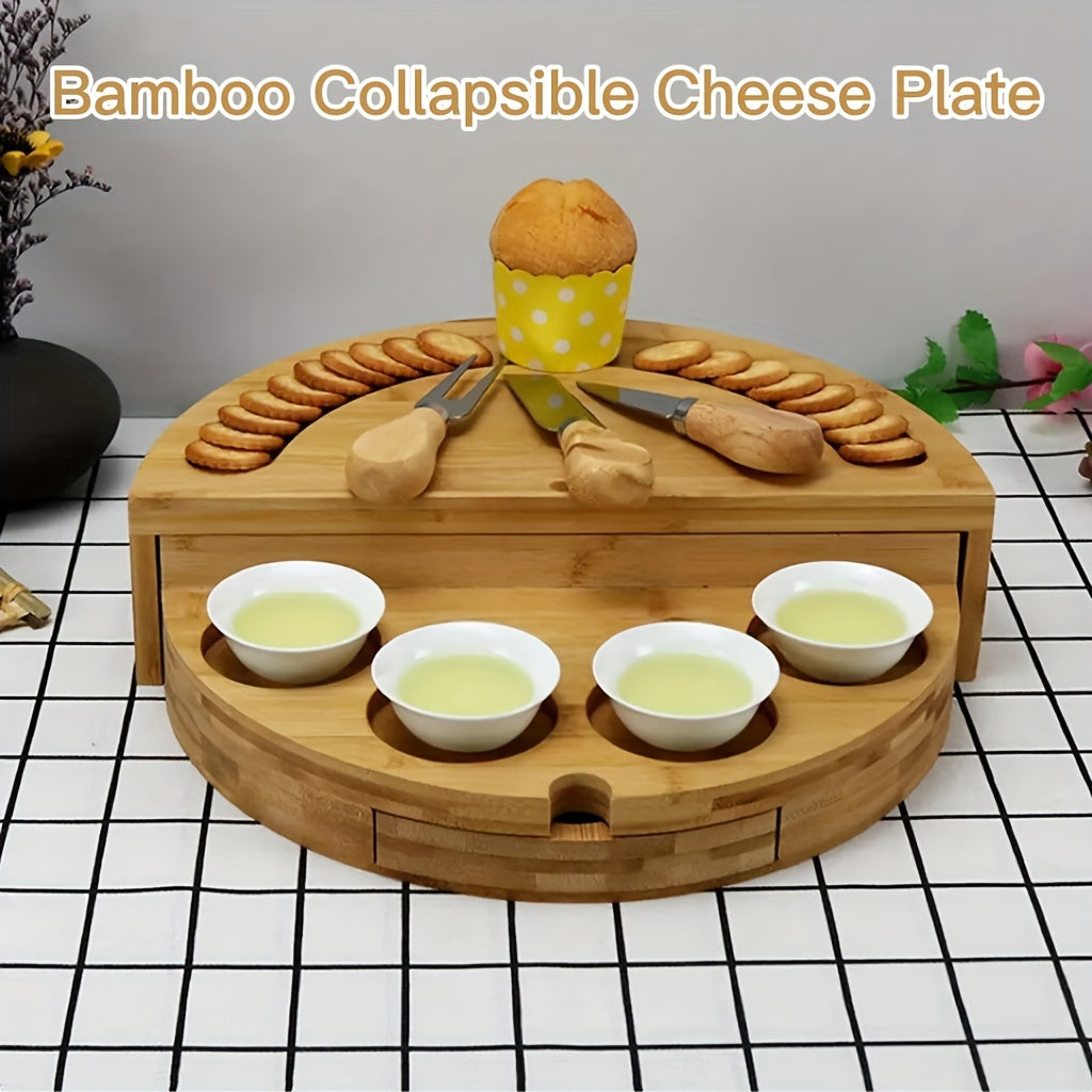1 Set Elegant Bamboo Cheese Board with Slide-Out Drawer, Foldable Storage, and Serving Essentials - Ideal for Entertaining and Celebrations