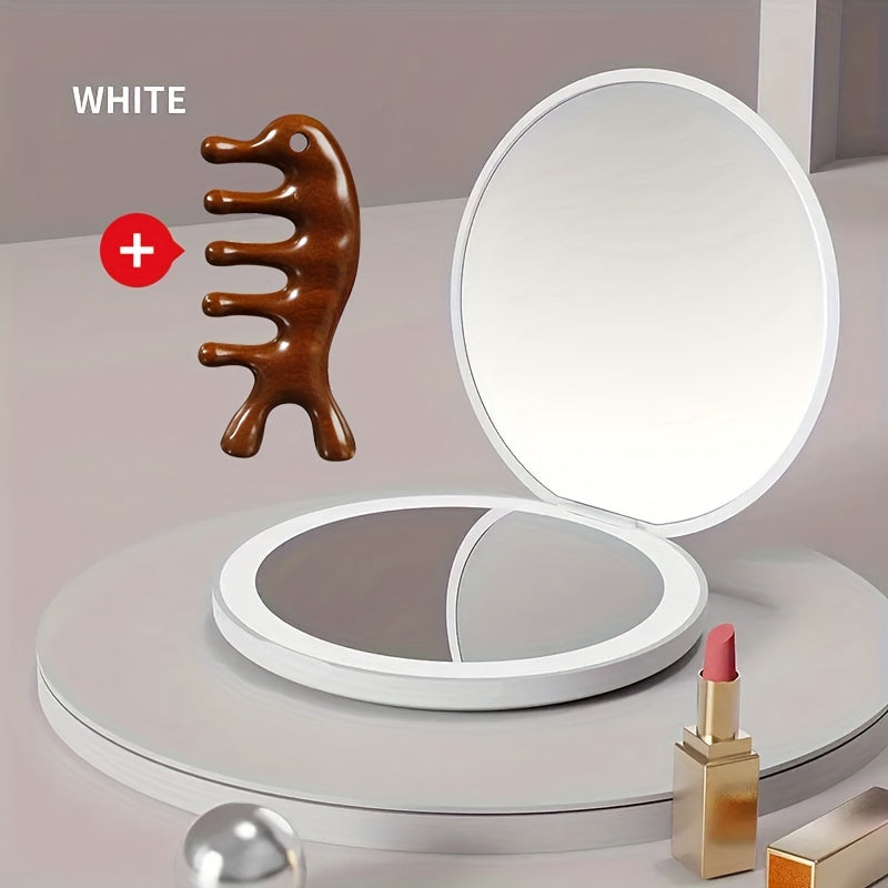 1pc Foldable LED Vanity Mirror, Handheld Double-sided Travel Portable Lighted Pocket Mirror, 2x Magnification, Compact Mirror With Light, Round Mini Makeup Touch-up Mirror For Purse Handbag, Travel Essentials