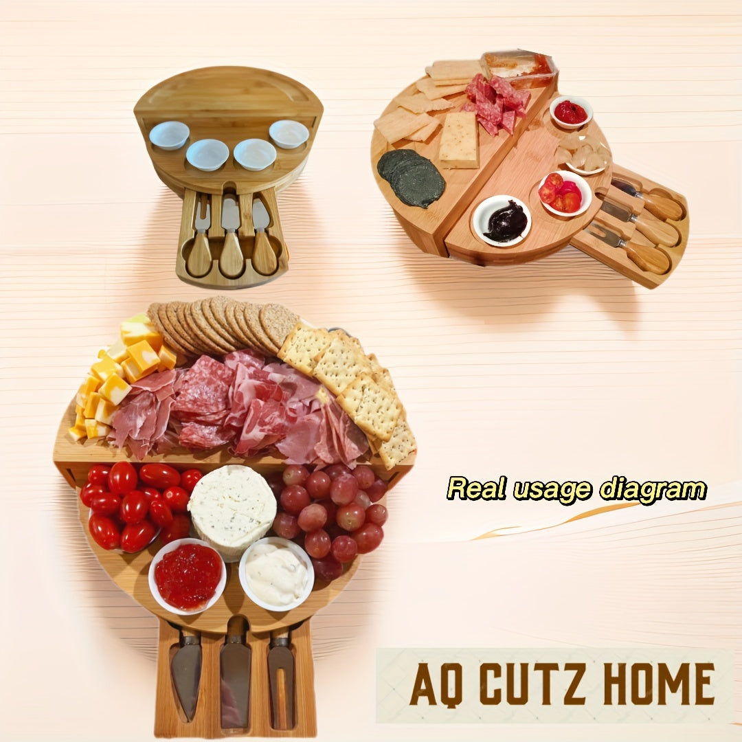 1 Set Elegant Bamboo Cheese Board with Slide-Out Drawer, Foldable Storage, and Serving Essentials - Ideal for Entertaining and Celebrations