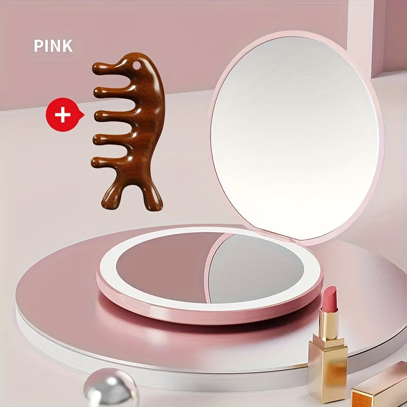 1pc Foldable LED Vanity Mirror, Handheld Double-sided Travel Portable Lighted Pocket Mirror, 2x Magnification, Compact Mirror With Light, Round Mini Makeup Touch-up Mirror For Purse Handbag, Travel Essentials