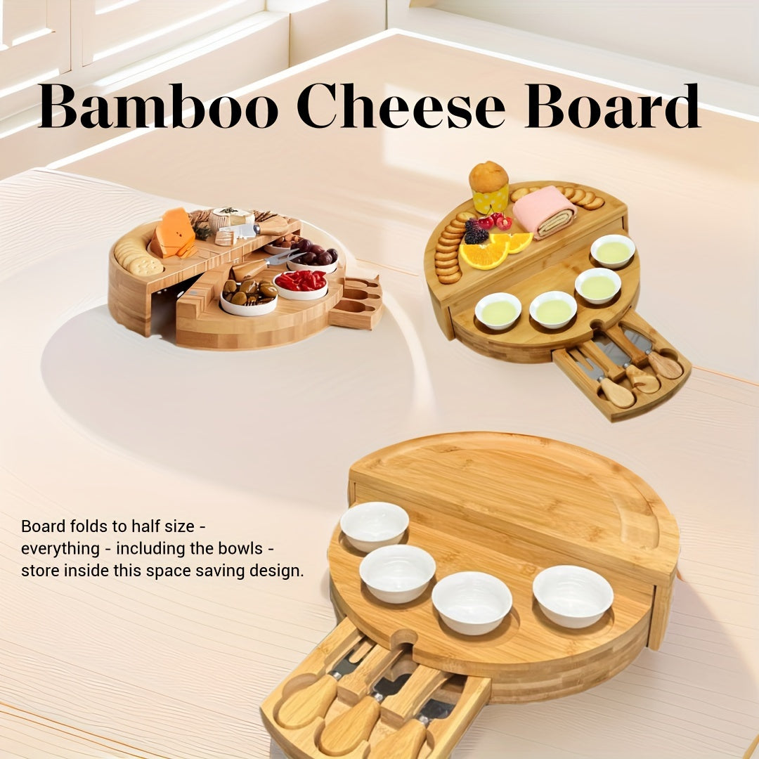 1 Set Elegant Bamboo Cheese Board with Slide-Out Drawer, Foldable Storage, and Serving Essentials - Ideal for Entertaining and Celebrations