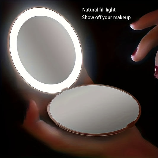 1pc Foldable LED Vanity Mirror, Handheld Double-sided Travel Portable Lighted Pocket Mirror, 2x Magnification, Compact Mirror With Light, Round Mini Makeup Touch-up Mirror For Purse Handbag, Travel Essentials