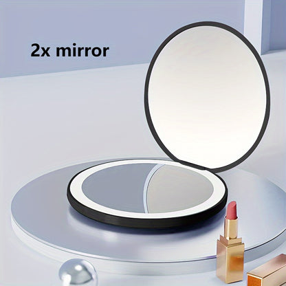 1pc Foldable LED Vanity Mirror, Handheld Double-sided Travel Portable Lighted Pocket Mirror, 2x Magnification, Compact Mirror With Light, Round Mini Makeup Touch-up Mirror For Purse Handbag, Travel Essentials