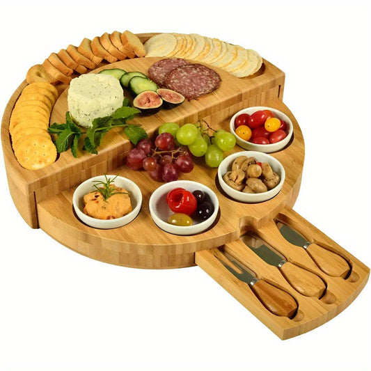 1 Set Elegant Bamboo Cheese Board with Slide-Out Drawer, Foldable Storage, and Serving Essentials - Ideal for Entertaining and Celebrations