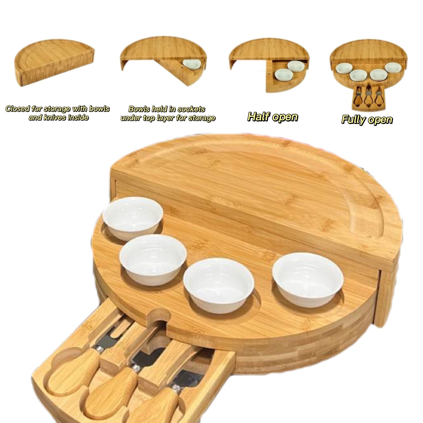 1 Set Elegant Bamboo Cheese Board with Slide-Out Drawer, Foldable Storage, and Serving Essentials - Ideal for Entertaining and Celebrations