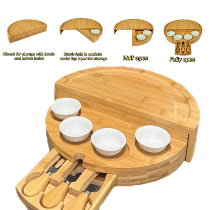 1 Set Elegant Bamboo Cheese Board with Slide-Out Drawer, Foldable Storage, and Serving Essentials - Ideal for Entertaining and Celebrations