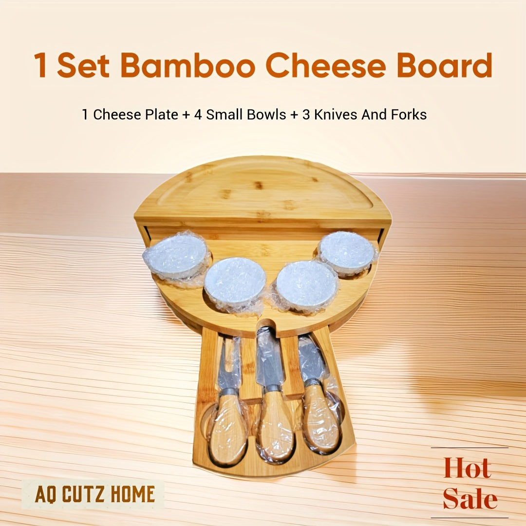 1 Set Elegant Bamboo Cheese Board with Slide-Out Drawer, Foldable Storage, and Serving Essentials - Ideal for Entertaining and Celebrations