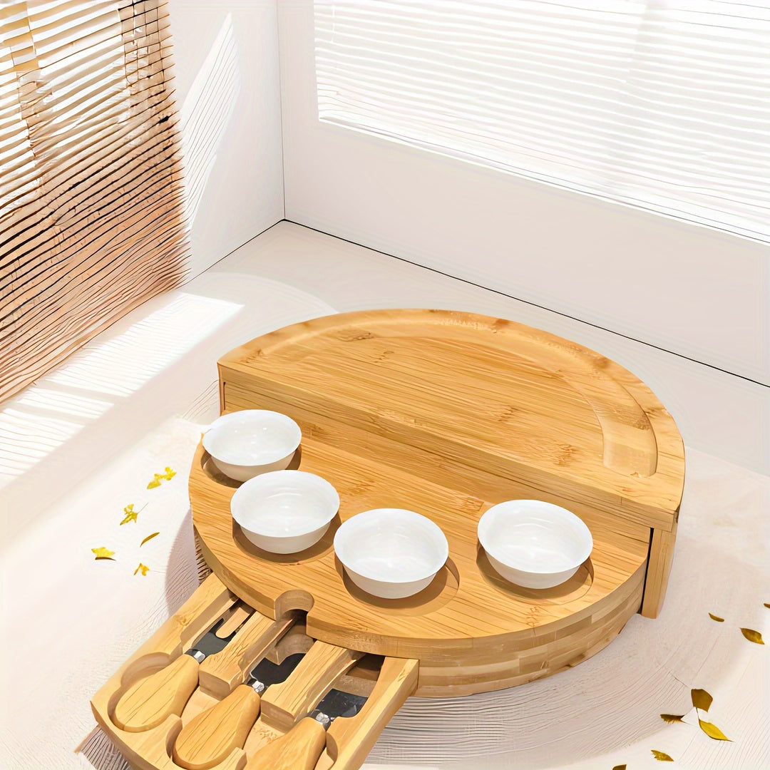 1 Set Elegant Bamboo Cheese Board with Slide-Out Drawer, Foldable Storage, and Serving Essentials - Ideal for Entertaining and Celebrations