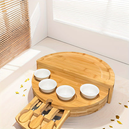 1 Set Elegant Bamboo Cheese Board with Slide-Out Drawer, Foldable Storage, and Serving Essentials - Ideal for Entertaining and Celebrations