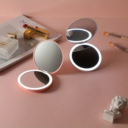 1pc Foldable LED Vanity Mirror, Handheld Double-sided Travel Portable Lighted Pocket Mirror, 2x Magnification, Compact Mirror With Light, Round Mini Makeup Touch-up Mirror For Purse Handbag, Travel Essentials