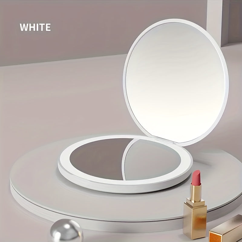 1pc Foldable LED Vanity Mirror, Handheld Double-sided Travel Portable Lighted Pocket Mirror, 2x Magnification, Compact Mirror With Light, Round Mini Makeup Touch-up Mirror For Purse Handbag, Travel Essentials