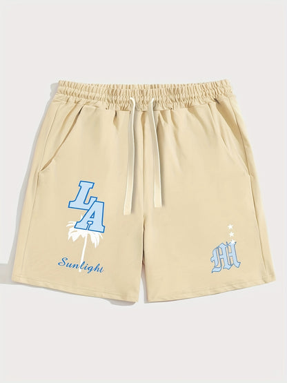 Mens Fashion Shorts - Fashionable Streetwear Design, Simple yet Stylish, Trendy and Modern Look, Solid Black Color, Sports-inspired Drawstring Waistband, Perfect for Casual Occasions - Featuring Eye-catching Blue Letter Print