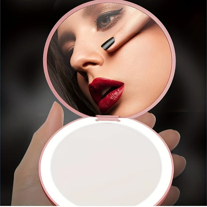 1pc Foldable LED Vanity Mirror, Handheld Double-sided Travel Portable Lighted Pocket Mirror, 2x Magnification, Compact Mirror With Light, Round Mini Makeup Touch-up Mirror For Purse Handbag, Travel Essentials