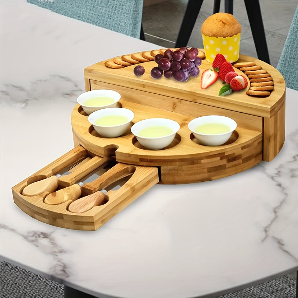 1 Set Elegant Bamboo Cheese Board with Slide-Out Drawer, Foldable Storage, and Serving Essentials - Ideal for Entertaining and Celebrations