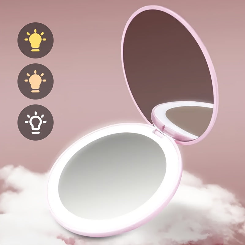 1pc Foldable LED Vanity Mirror, Handheld Double-sided Travel Portable Lighted Pocket Mirror, 2x Magnification, Compact Mirror With Light, Round Mini Makeup Touch-up Mirror For Purse Handbag, Travel Essentials