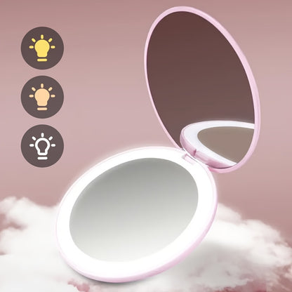 1pc Foldable LED Vanity Mirror, Handheld Double-sided Travel Portable Lighted Pocket Mirror, 2x Magnification, Compact Mirror With Light, Round Mini Makeup Touch-up Mirror For Purse Handbag, Travel Essentials