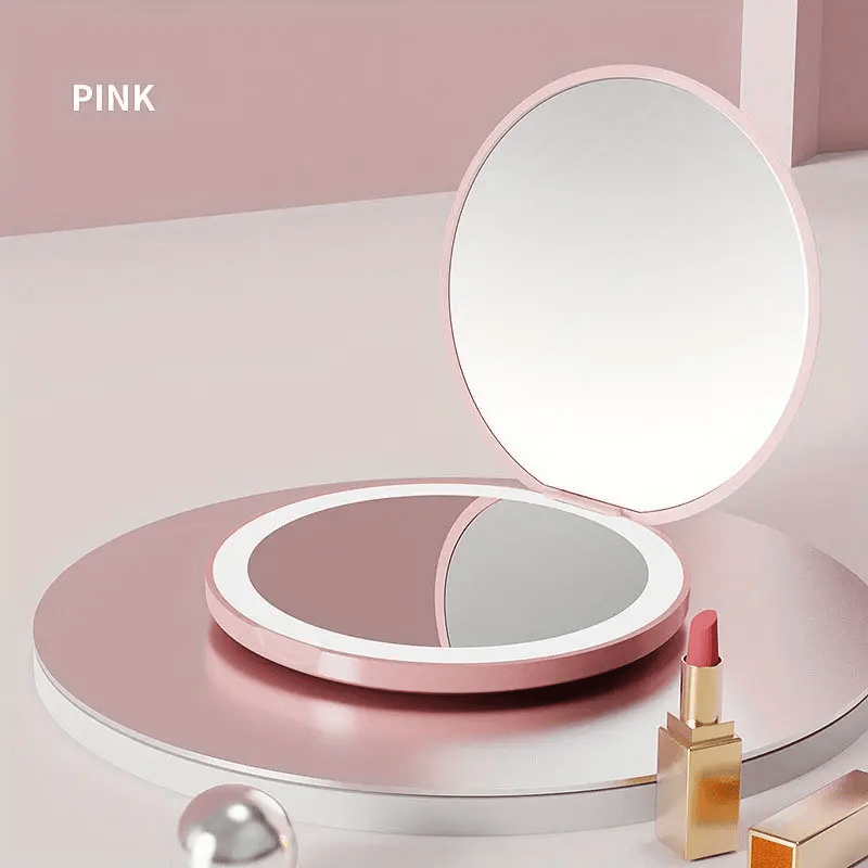 1pc Foldable LED Vanity Mirror, Handheld Double-sided Travel Portable Lighted Pocket Mirror, 2x Magnification, Compact Mirror With Light, Round Mini Makeup Touch-up Mirror For Purse Handbag, Travel Essentials