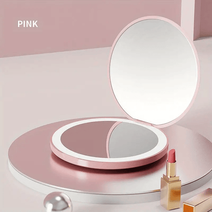 1pc Foldable LED Vanity Mirror, Handheld Double-sided Travel Portable Lighted Pocket Mirror, 2x Magnification, Compact Mirror With Light, Round Mini Makeup Touch-up Mirror For Purse Handbag, Travel Essentials