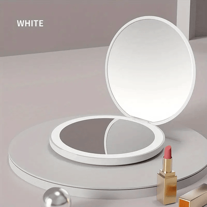 1pc Foldable LED Vanity Mirror, Handheld Double-sided Travel Portable Lighted Pocket Mirror, 2x Magnification, Compact Mirror With Light, Round Mini Makeup Touch-up Mirror For Purse Handbag, Travel Essentials