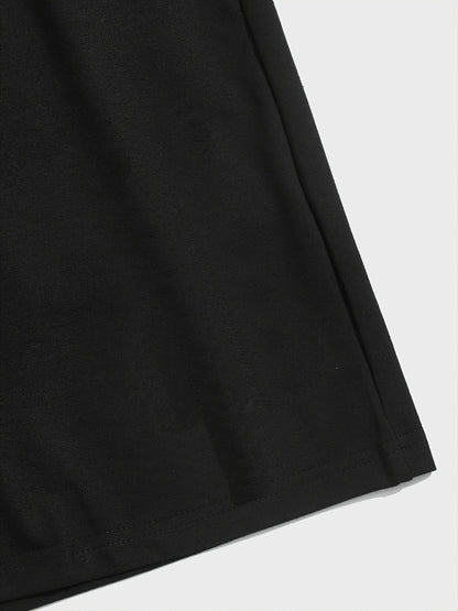 Mens Fashion Shorts - Fashionable Streetwear Design, Simple yet Stylish, Trendy and Modern Look, Solid Black Color, Sports-inspired Drawstring Waistband, Perfect for Casual Occasions - Featuring Eye-catching Blue Letter Print