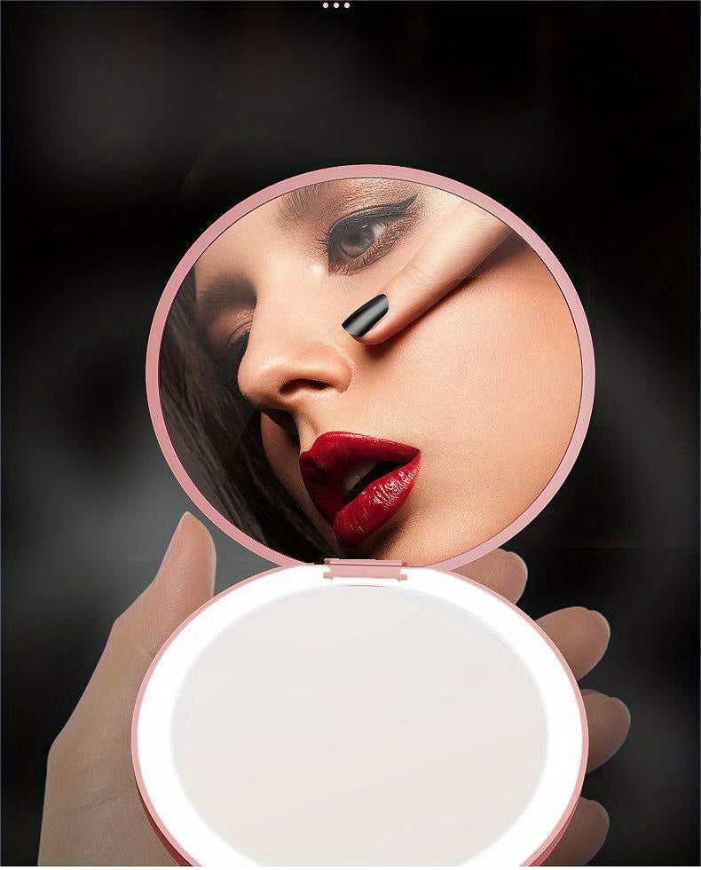 1pc Foldable LED Vanity Mirror, Handheld Double-sided Travel Portable Lighted Pocket Mirror, 2x Magnification, Compact Mirror With Light, Round Mini Makeup Touch-up Mirror For Purse Handbag, Travel Essentials