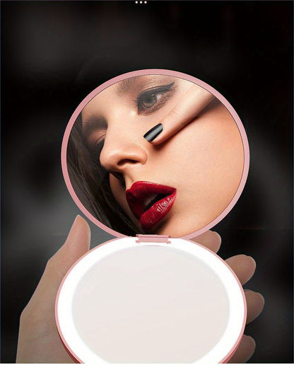 1pc Foldable LED Vanity Mirror, Handheld Double-sided Travel Portable Lighted Pocket Mirror, 2x Magnification, Compact Mirror With Light, Round Mini Makeup Touch-up Mirror For Purse Handbag, Travel Essentials
