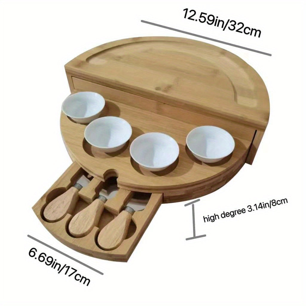 1 Set Elegant Bamboo Cheese Board with Slide-Out Drawer, Foldable Storage, and Serving Essentials - Ideal for Entertaining and Celebrations