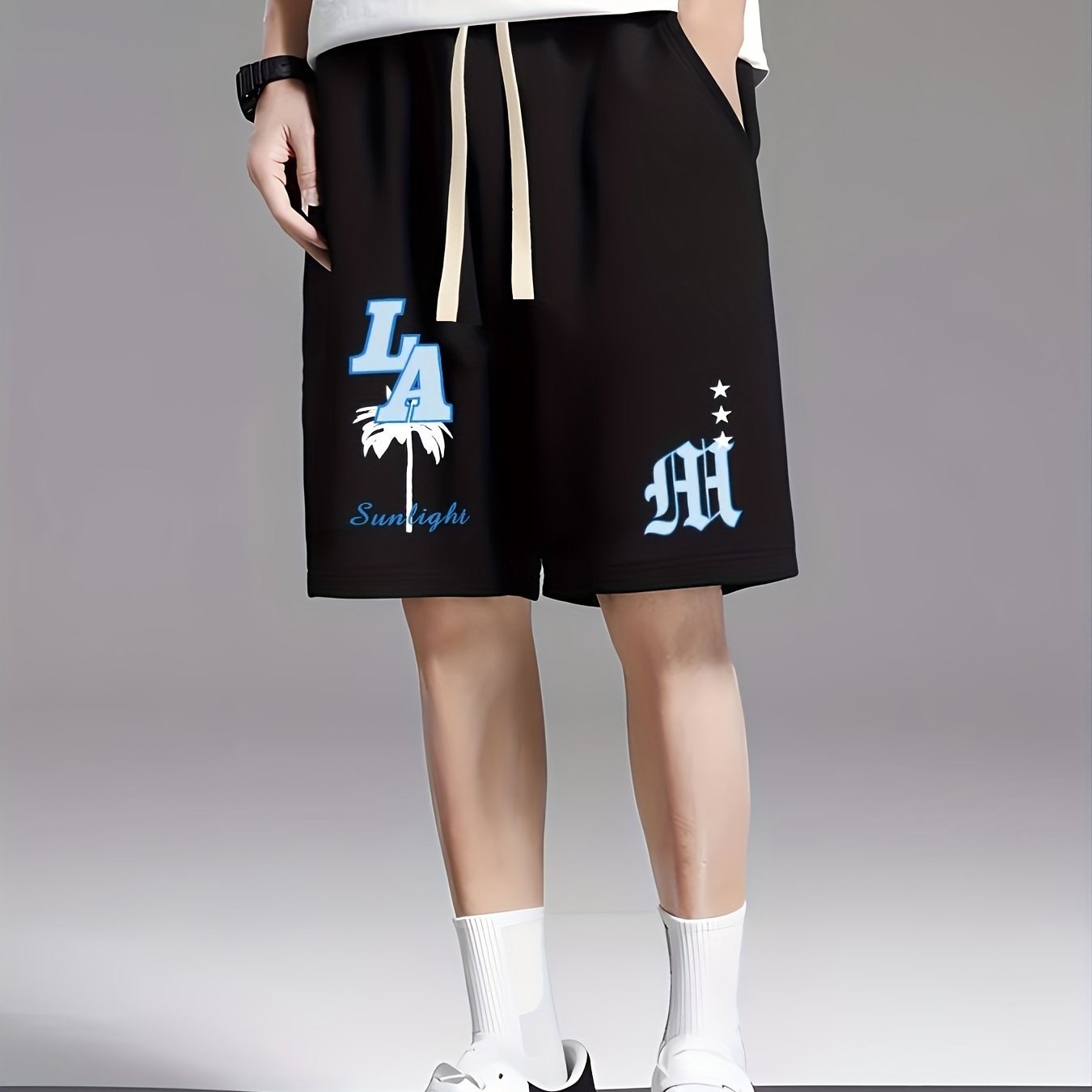 Mens Fashion Shorts - Fashionable Streetwear Design, Simple yet Stylish, Trendy and Modern Look, Solid Black Color, Sports-inspired Drawstring Waistband, Perfect for Casual Occasions - Featuring Eye-catching Blue Letter Print
