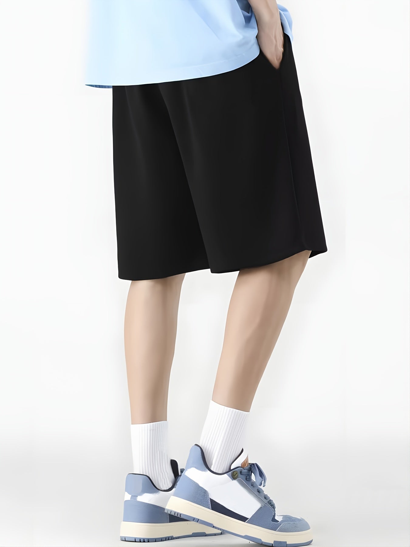 Mens Fashion Shorts - Fashionable Streetwear Design, Simple yet Stylish, Trendy and Modern Look, Solid Black Color, Sports-inspired Drawstring Waistband, Perfect for Casual Occasions - Featuring Eye-catching Blue Letter Print