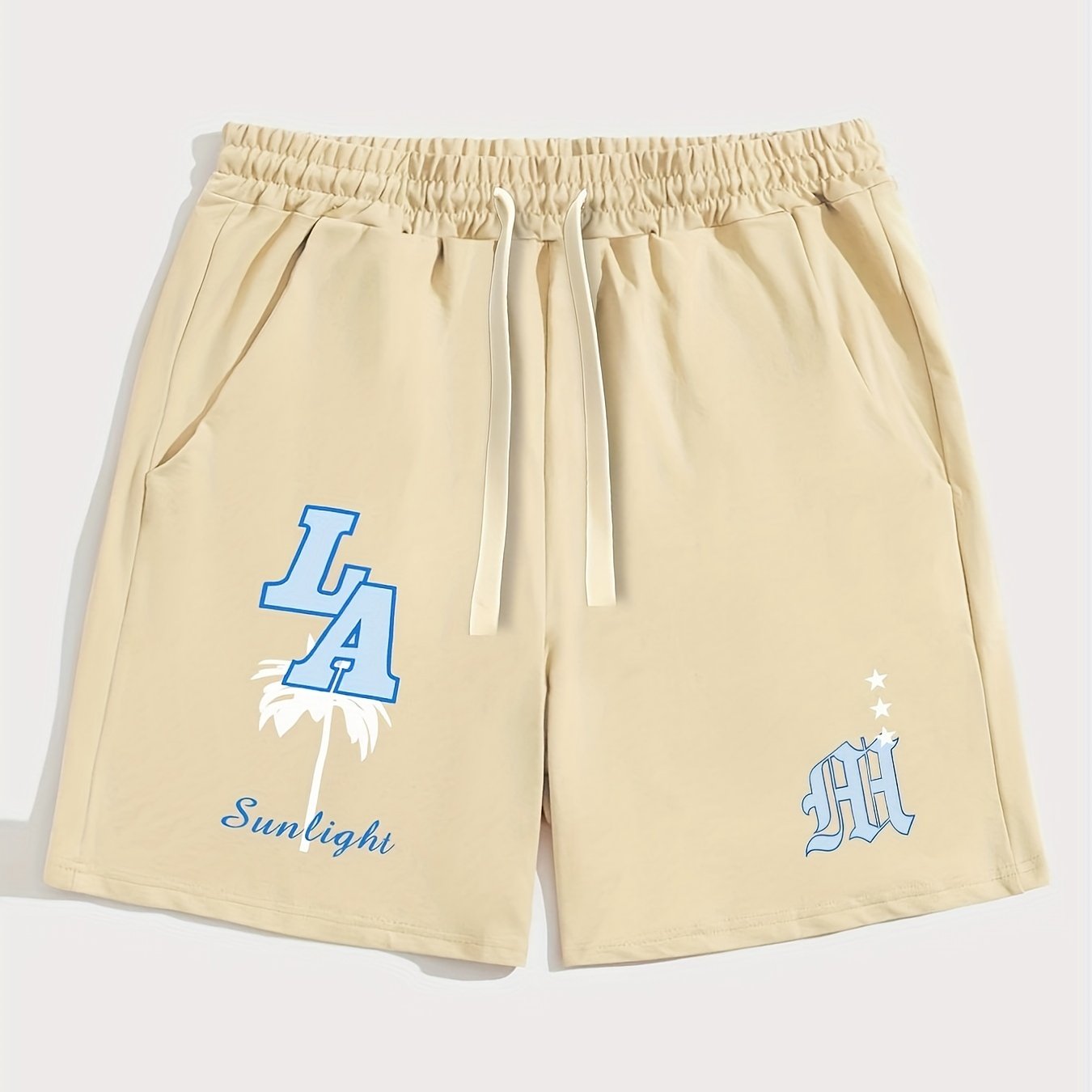 Mens Fashion Shorts - Fashionable Streetwear Design, Simple yet Stylish, Trendy and Modern Look, Solid Black Color, Sports-inspired Drawstring Waistband, Perfect for Casual Occasions - Featuring Eye-catching Blue Letter Print