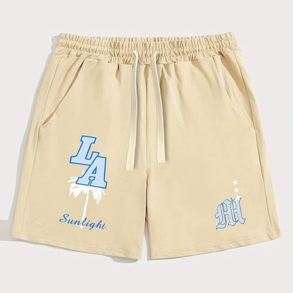 Mens Fashion Shorts - Fashionable Streetwear Design, Simple yet Stylish, Trendy and Modern Look, Solid Black Color, Sports-inspired Drawstring Waistband, Perfect for Casual Occasions - Featuring Eye-catching Blue Letter Print