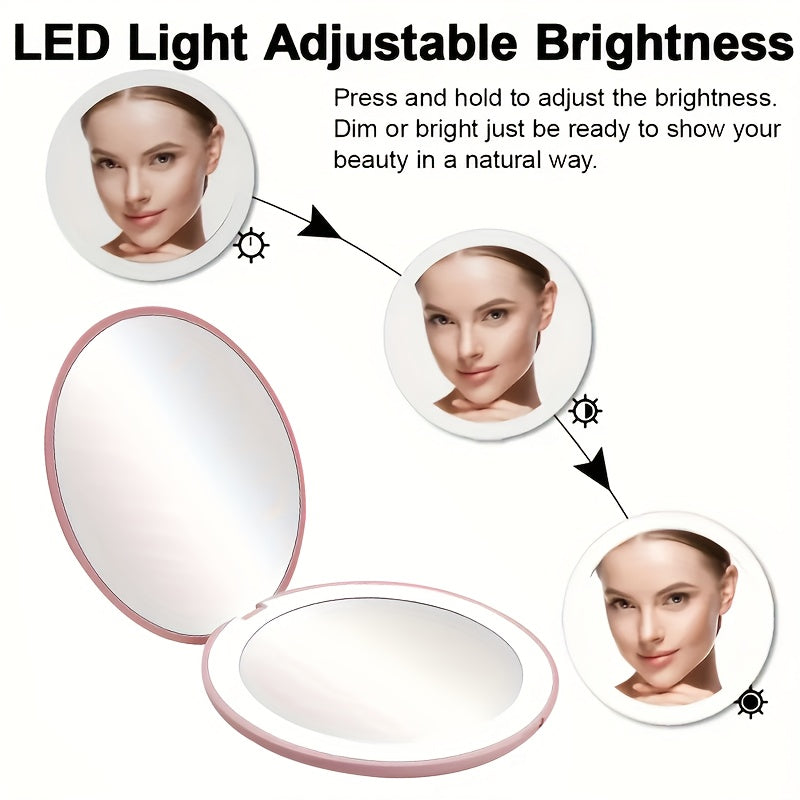 1pc Foldable LED Vanity Mirror, Handheld Double-sided Travel Portable Lighted Pocket Mirror, 2x Magnification, Compact Mirror With Light, Round Mini Makeup Touch-up Mirror For Purse Handbag, Travel Essentials