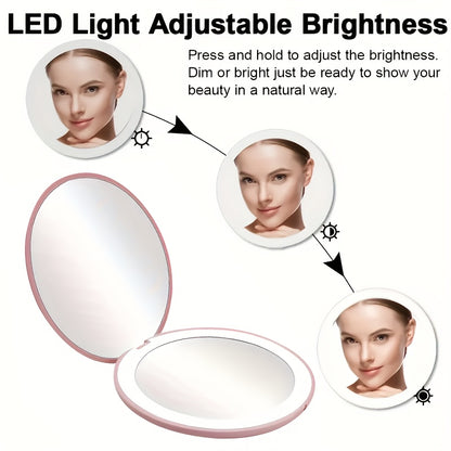 1pc Foldable LED Vanity Mirror, Handheld Double-sided Travel Portable Lighted Pocket Mirror, 2x Magnification, Compact Mirror With Light, Round Mini Makeup Touch-up Mirror For Purse Handbag, Travel Essentials