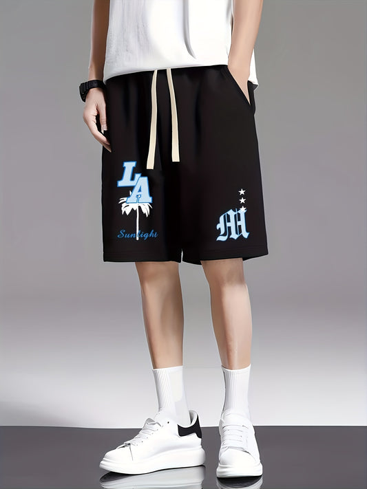 Mens Fashion Shorts - Fashionable Streetwear Design, Simple yet Stylish, Trendy and Modern Look, Solid Black Color, Sports-inspired Drawstring Waistband, Perfect for Casual Occasions - Featuring Eye-catching Blue Letter Print