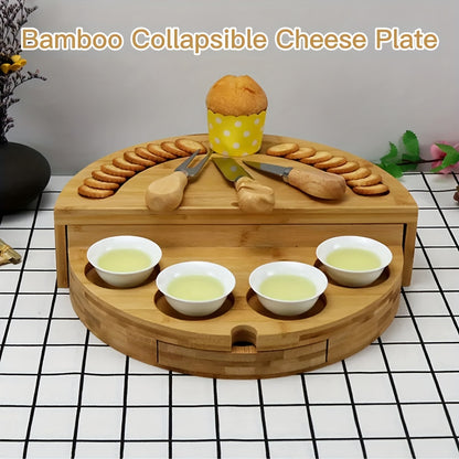 1 Set Elegant Bamboo Cheese Board with Slide-Out Drawer, Foldable Storage, and Serving Essentials - Ideal for Entertaining and Celebrations