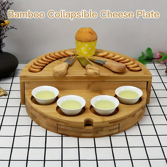 1 Set Elegant Bamboo Cheese Board with Slide-Out Drawer, Foldable Storage, and Serving Essentials - Ideal for Entertaining and Celebrations