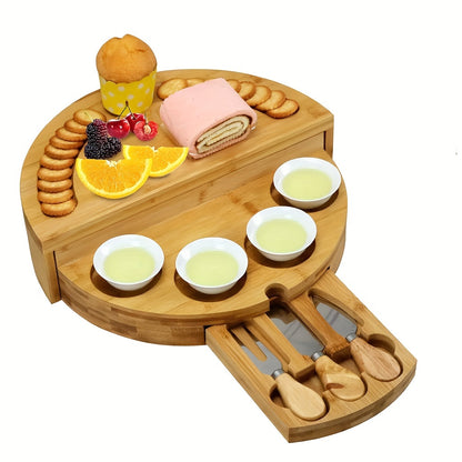 1 Set Elegant Bamboo Cheese Board with Slide-Out Drawer, Foldable Storage, and Serving Essentials - Ideal for Entertaining and Celebrations